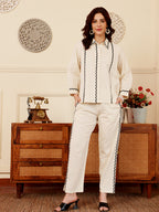 White Embroidered Co-Ord Set With Black Trim