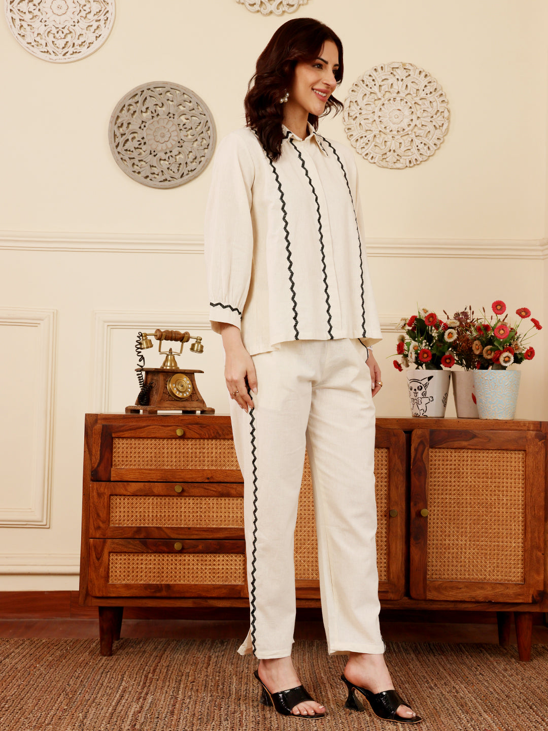 White Embroidered Co-Ord Set With Black Trim