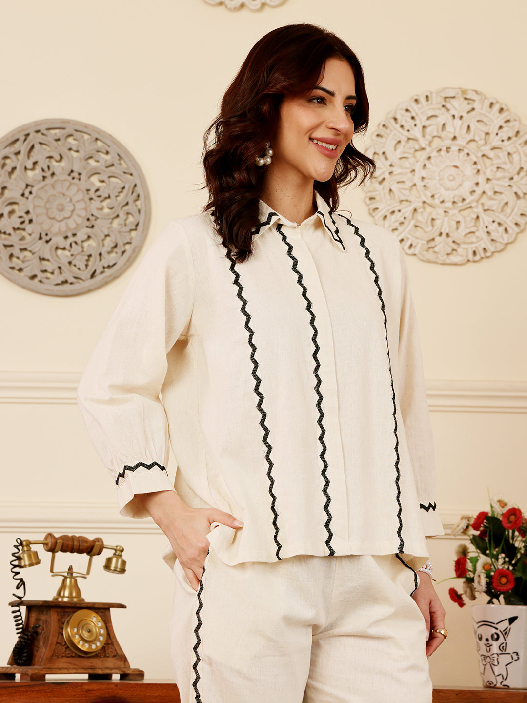 White Embroidered Co-Ord Set With Black Trim