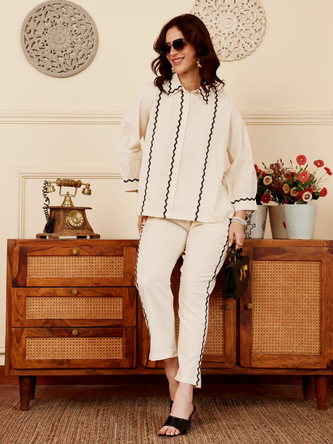 White Embroidered Co-Ord Set With Black Trim