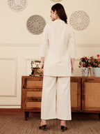 White Floral Embroidered Kurta And Palazzo Set For Women