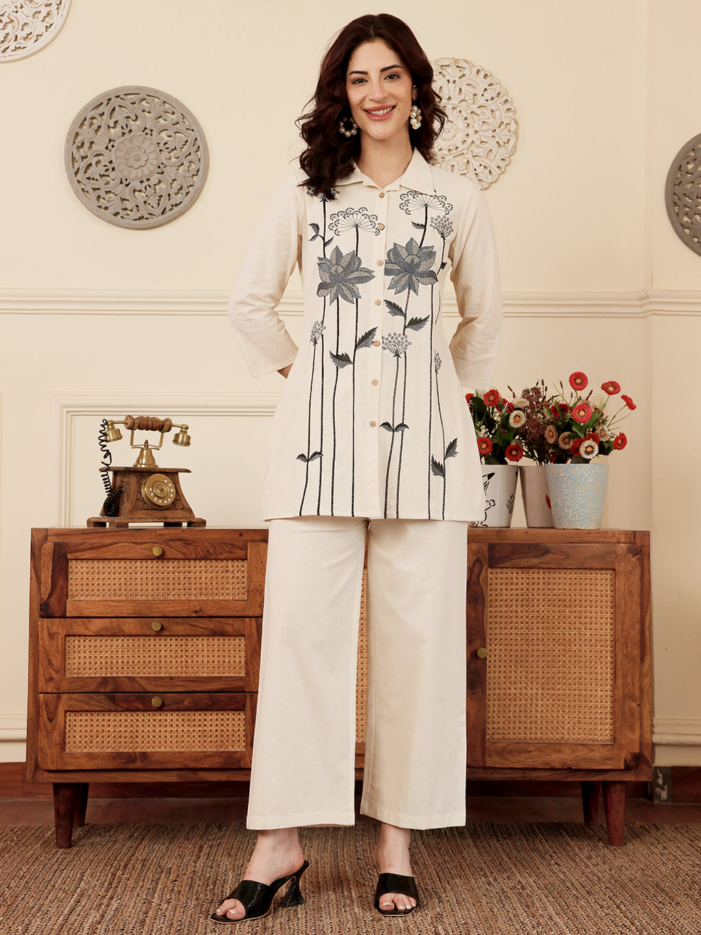 White Floral Embroidered Kurta And Palazzo Set For Women