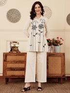 White Floral Embroidered Kurta And Palazzo Set For Women