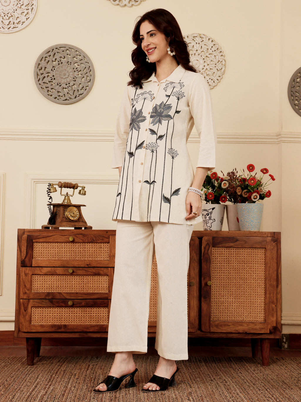 White Floral Embroidered Kurta And Palazzo Set For Women