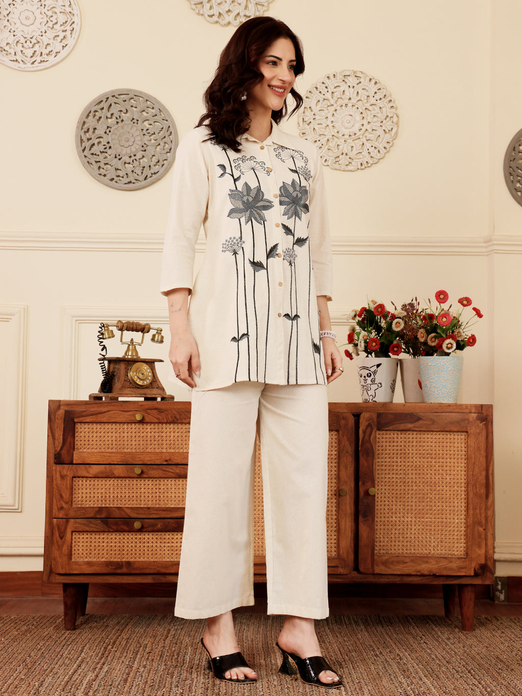 White Floral Embroidered Kurta And Palazzo Set For Women