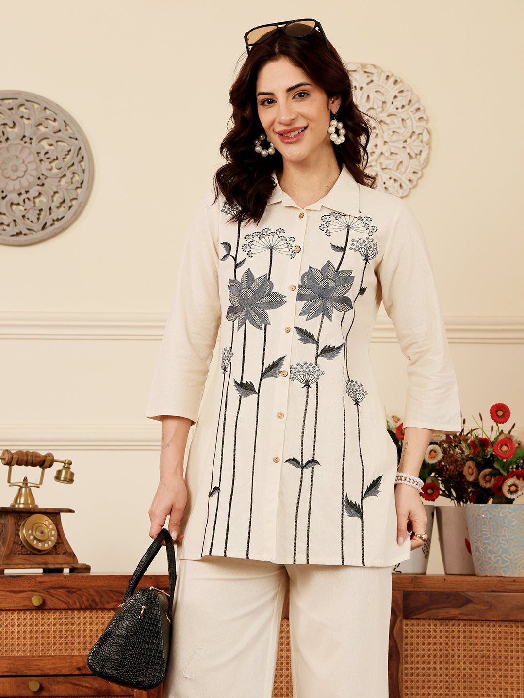 White Floral Embroidered Kurta And Palazzo Set For Women