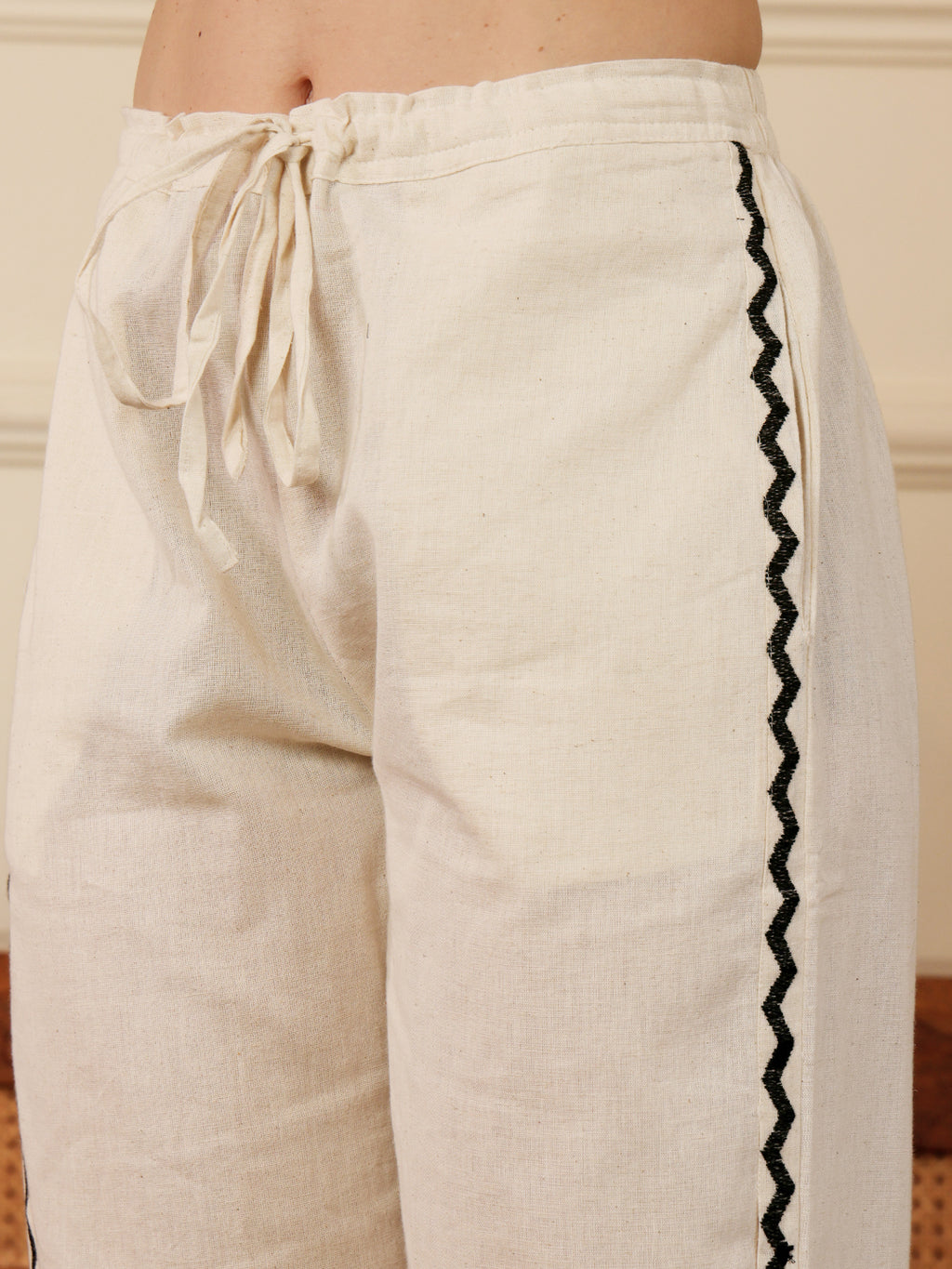 White Embroidered Co-Ord Set With Black Trim