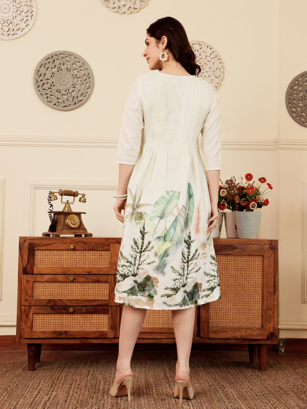 White Floral Print A Line Kurti Dress With Pintuck Detailing