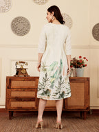 White Floral Print A Line Kurti Dress With Pintuck Detailing