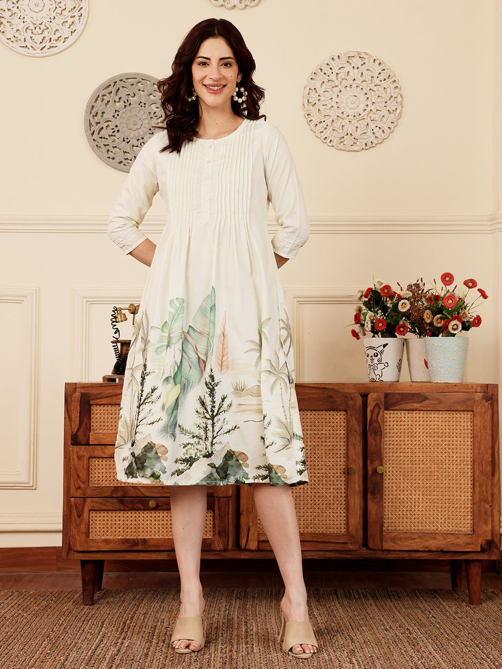 White Floral Print A Line Kurti Dress With Pintuck Detailing
