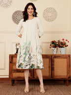 White Floral Print A Line Kurti Dress With Pintuck Detailing