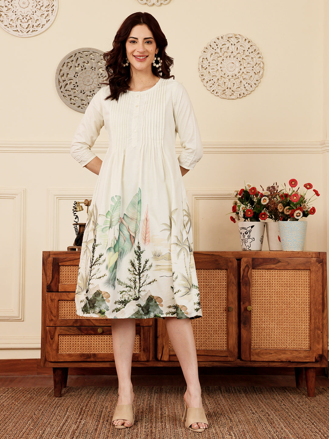 White Floral Print A Line Kurti Dress With Pintuck Detailing