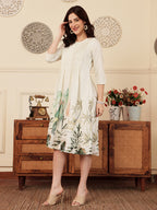 White Floral Print A Line Kurti Dress With Pintuck Detailing
