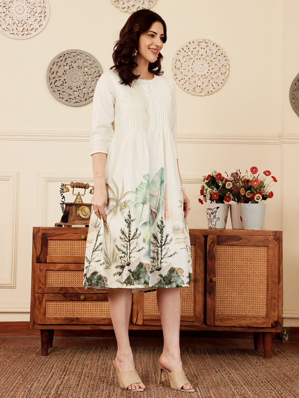 White Floral Print A Line Kurti Dress With Pintuck Detailing