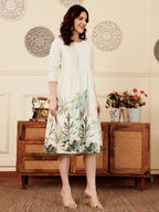 White Floral Print A Line Kurti Dress With Pintuck Detailing