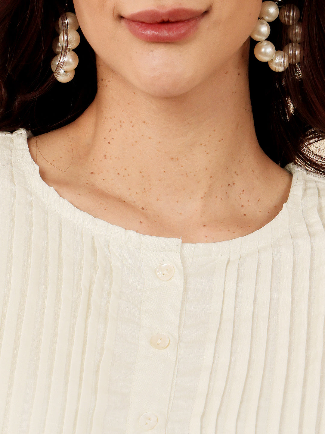 White Floral Print A Line Kurti Dress With Pintuck Detailing