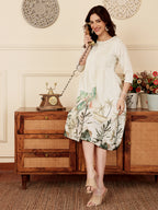 White Floral Print A Line Kurti Dress With Pintuck Detailing