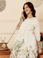 White Floral Print A Line Kurti Dress With Pintuck Detailing