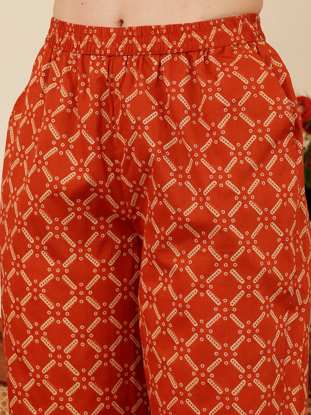 Rust Red Floral Printed Co-Ord Set With Contrast Geometric Pants
