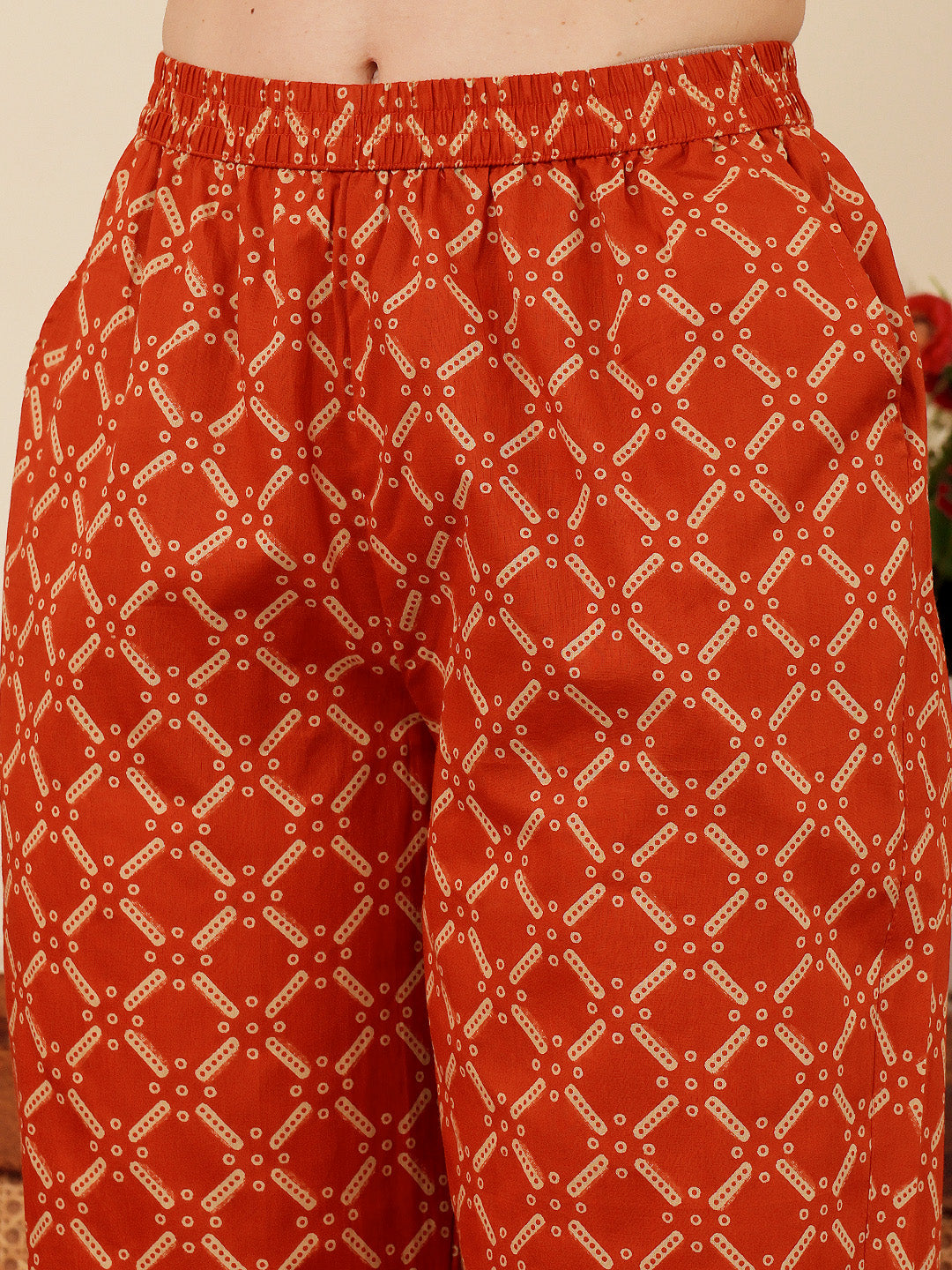 Rust Red Floral Printed Co-Ord Set With Contrast Geometric Pants