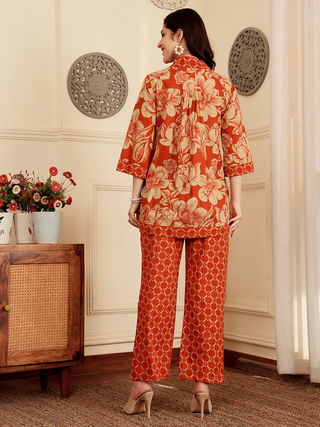 Rust Red Floral Printed Co-Ord Set With Contrast Geometric Pants