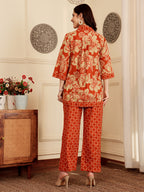 Rust Red Floral Printed Co-Ord Set With Contrast Geometric Pants