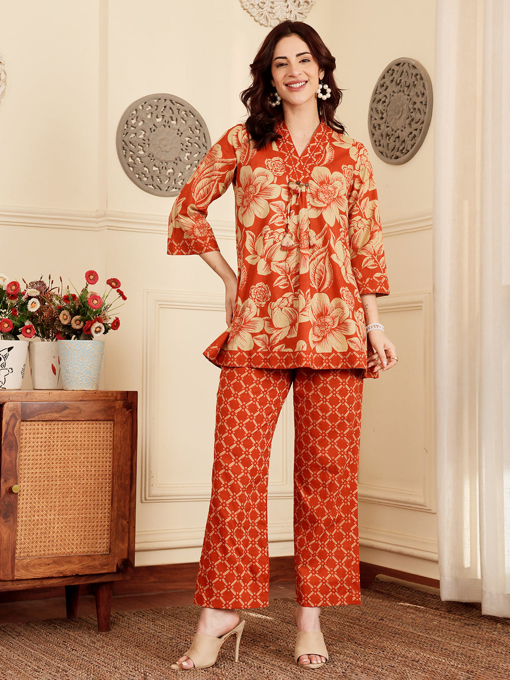 Rust Red Floral Printed Co-Ord Set With Contrast Geometric Pants