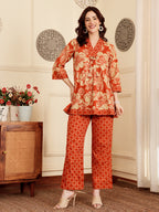 Rust Red Floral Printed Co-Ord Set With Contrast Geometric Pants