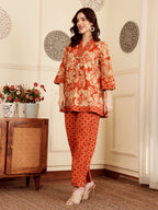 Rust Red Floral Printed Co-Ord Set With Contrast Geometric Pants
