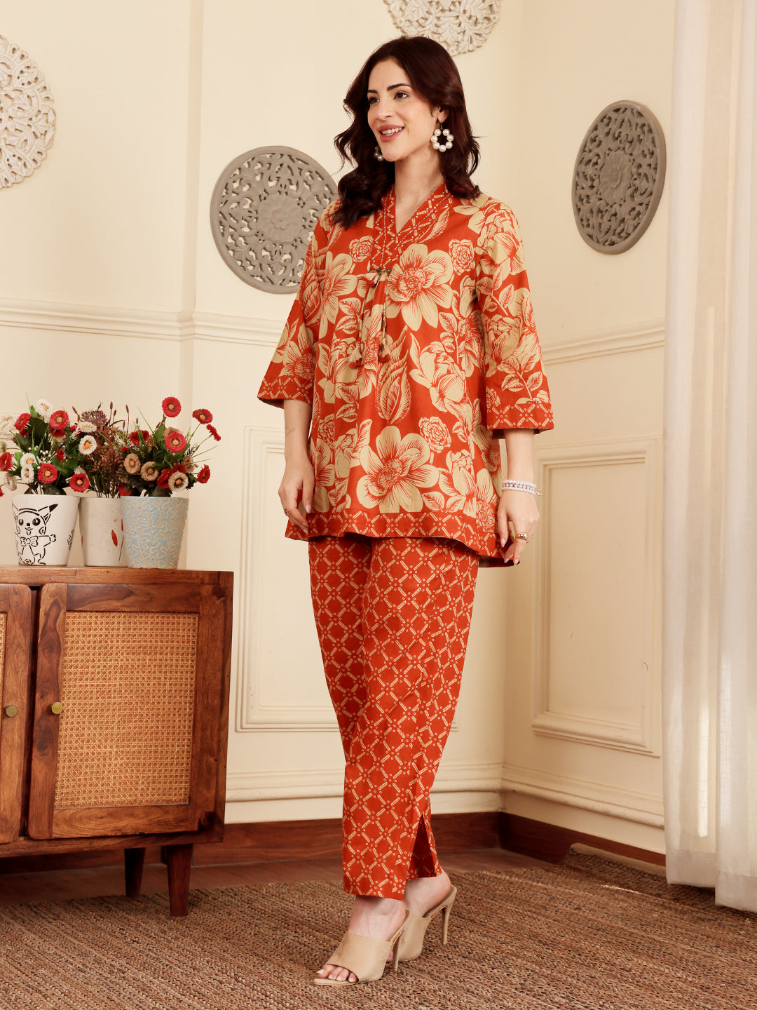 Rust Red Floral Printed Co-Ord Set With Contrast Geometric Pants