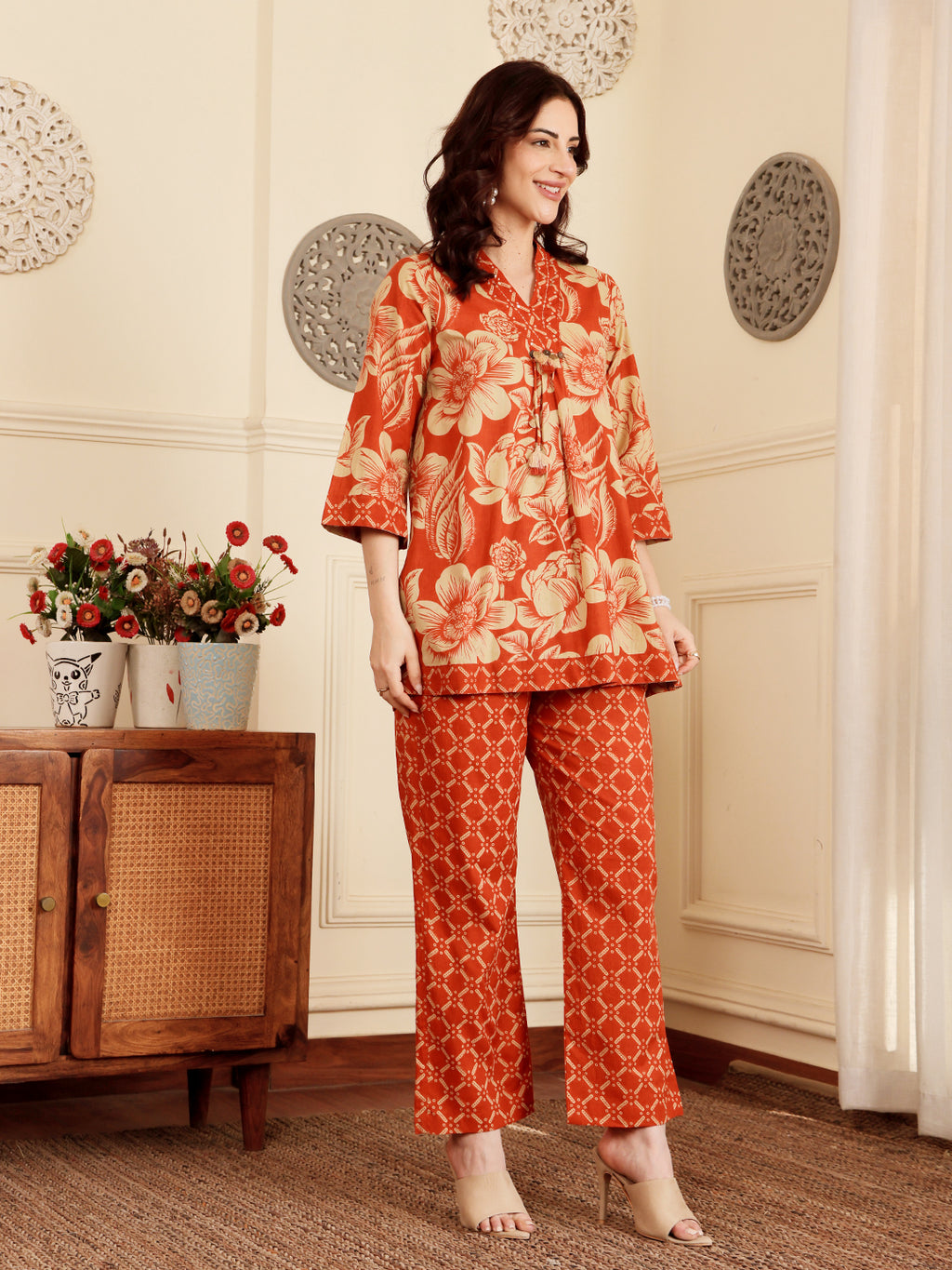 Rust Red Floral Printed Co-Ord Set With Contrast Geometric Pants