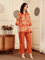 Rust Red Floral Printed Co-Ord Set With Contrast Geometric Pants
