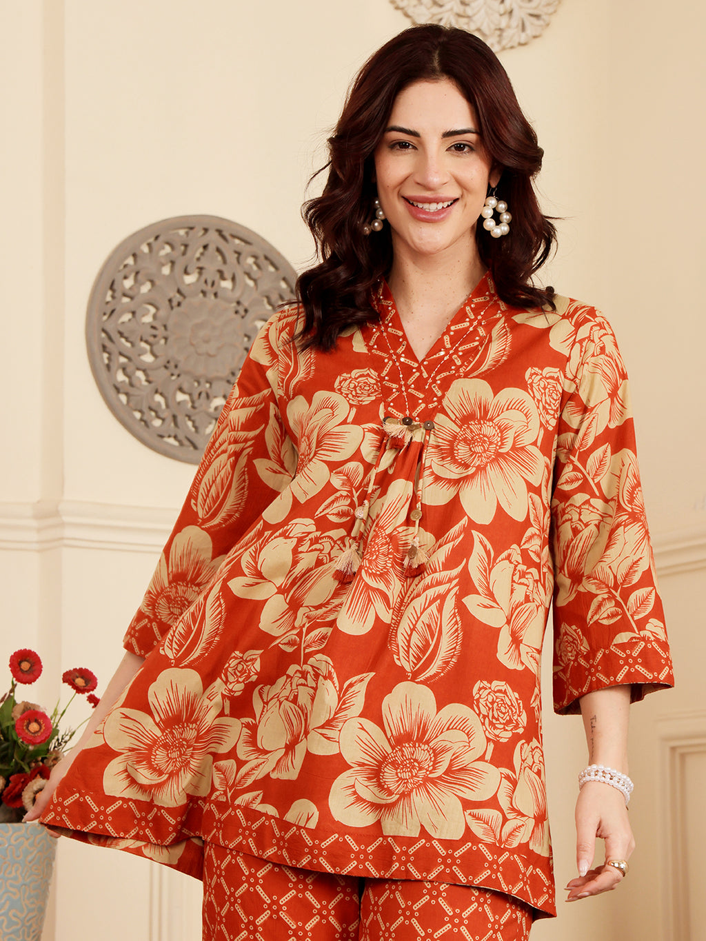 Rust Red Floral Printed Co-Ord Set With Contrast Geometric Pants