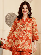 Rust Red Floral Printed Co-Ord Set With Contrast Geometric Pants
