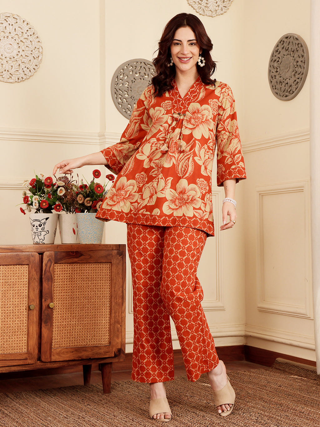Rust Red Floral Printed Co-Ord Set With Contrast Geometric Pants