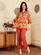 Rust Red Floral Printed Co-Ord Set With Contrast Geometric Pants