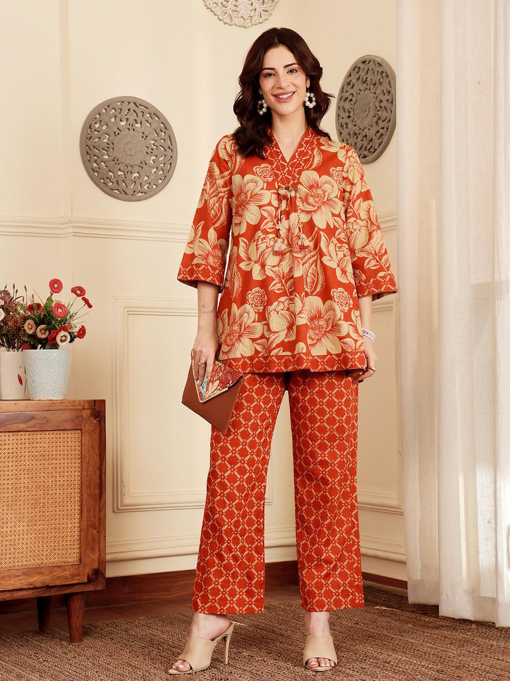 Rust Red Floral Printed Co-Ord Set With Contrast Geometric Pants