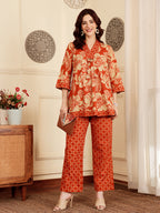 Rust Red Floral Printed Co-Ord Set With Contrast Geometric Pants