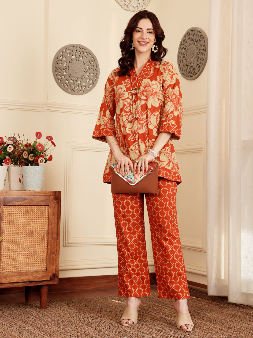 Rust Red Floral Printed Co-Ord Set With Contrast Geometric Pants