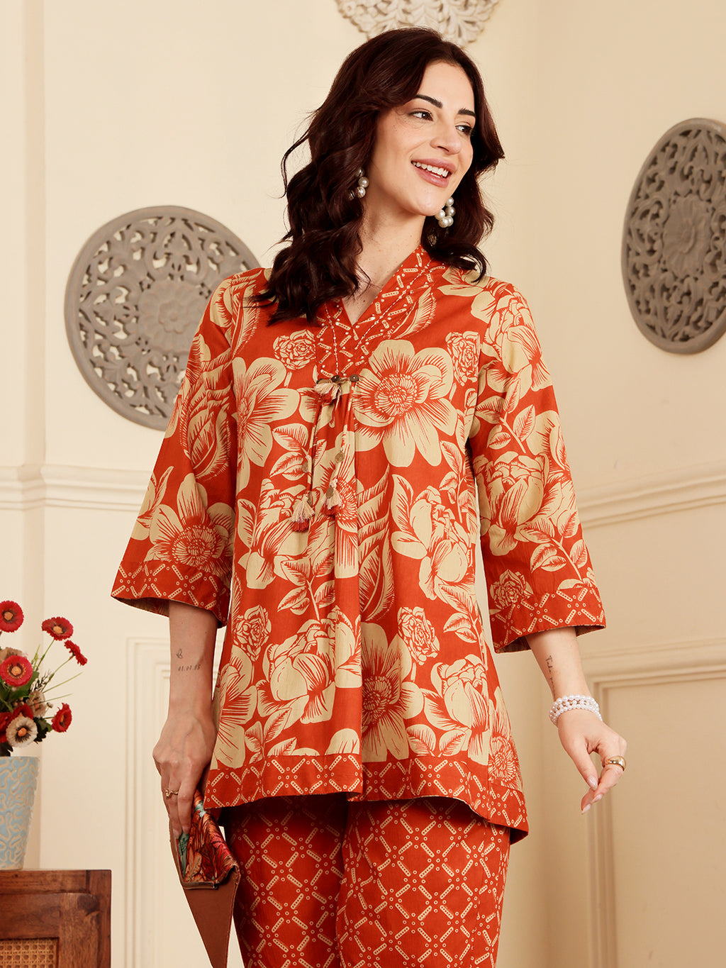 Rust Red Floral Printed Co-Ord Set With Contrast Geometric Pants