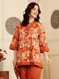 Rust Red Floral Printed Co-Ord Set With Contrast Geometric Pants