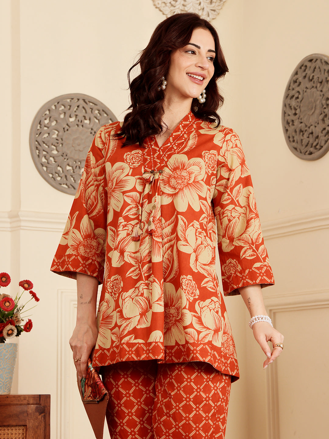 Rust Red Floral Printed Co-Ord Set With Contrast Geometric Pants