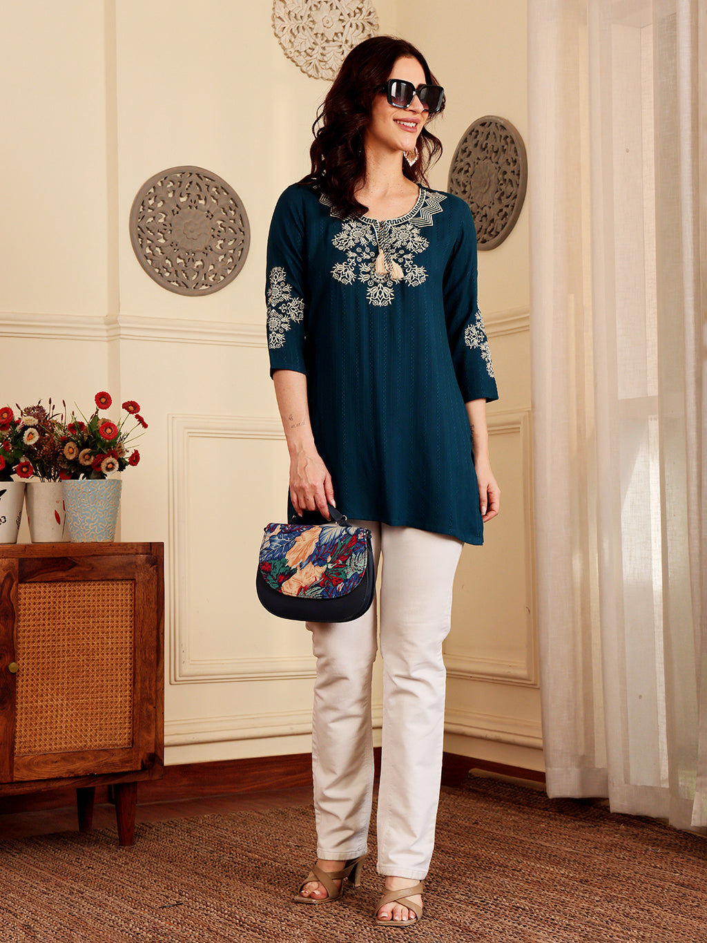 Teal Blue Embroidered Kurti With Intricate Threadwork Detailing