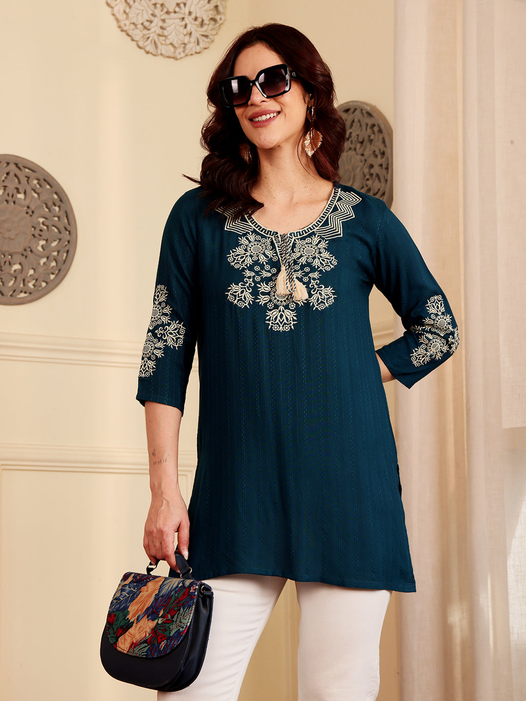 Teal Blue Embroidered Kurti With Intricate Threadwork Detailing