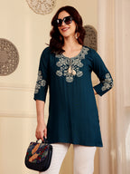 Teal Blue Embroidered Kurti With Intricate Threadwork Detailing