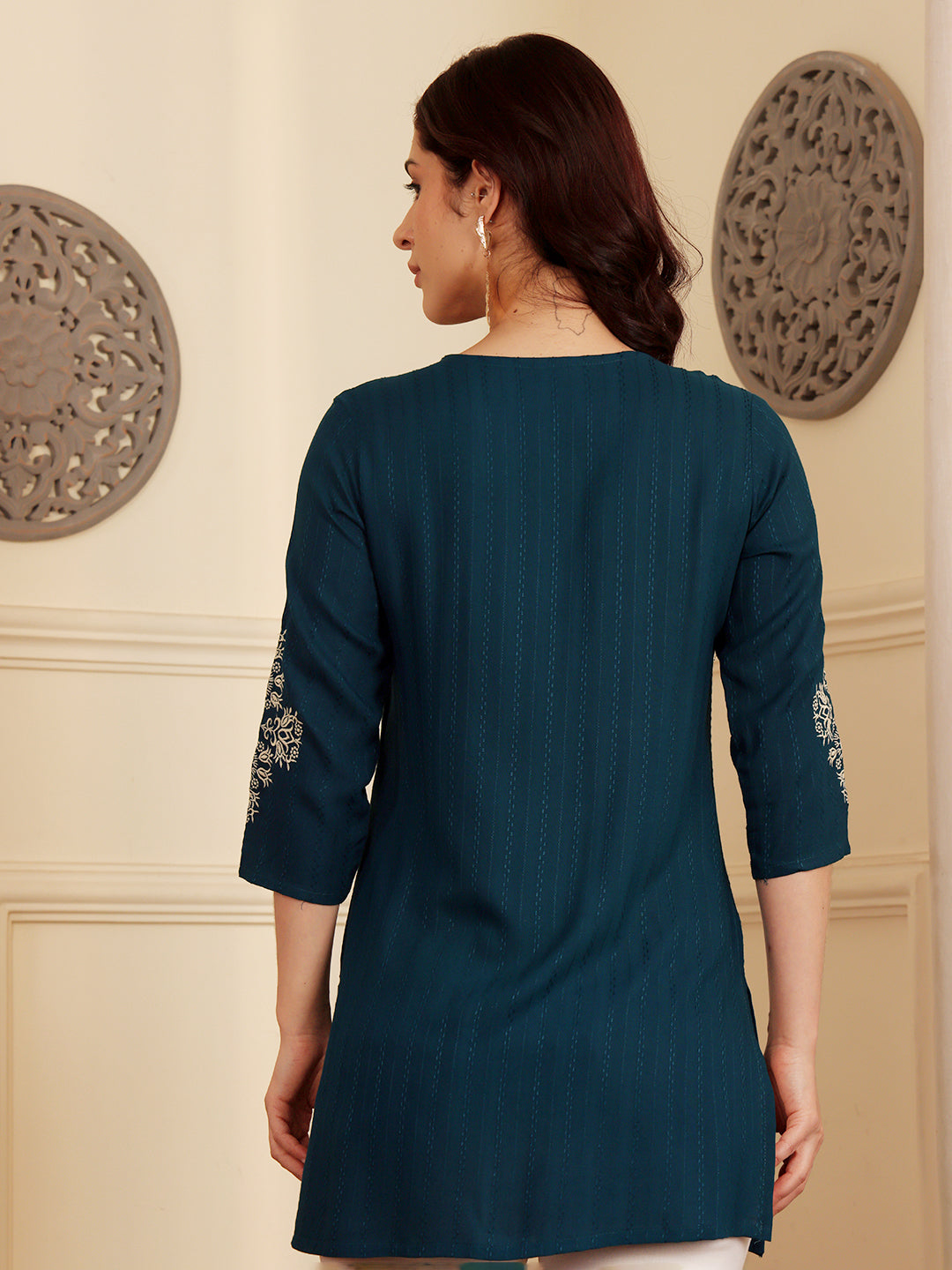 Teal Blue Embroidered Kurti With Intricate Threadwork Detailing