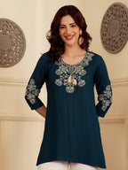 Teal Blue Embroidered Kurti With Intricate Threadwork Detailing