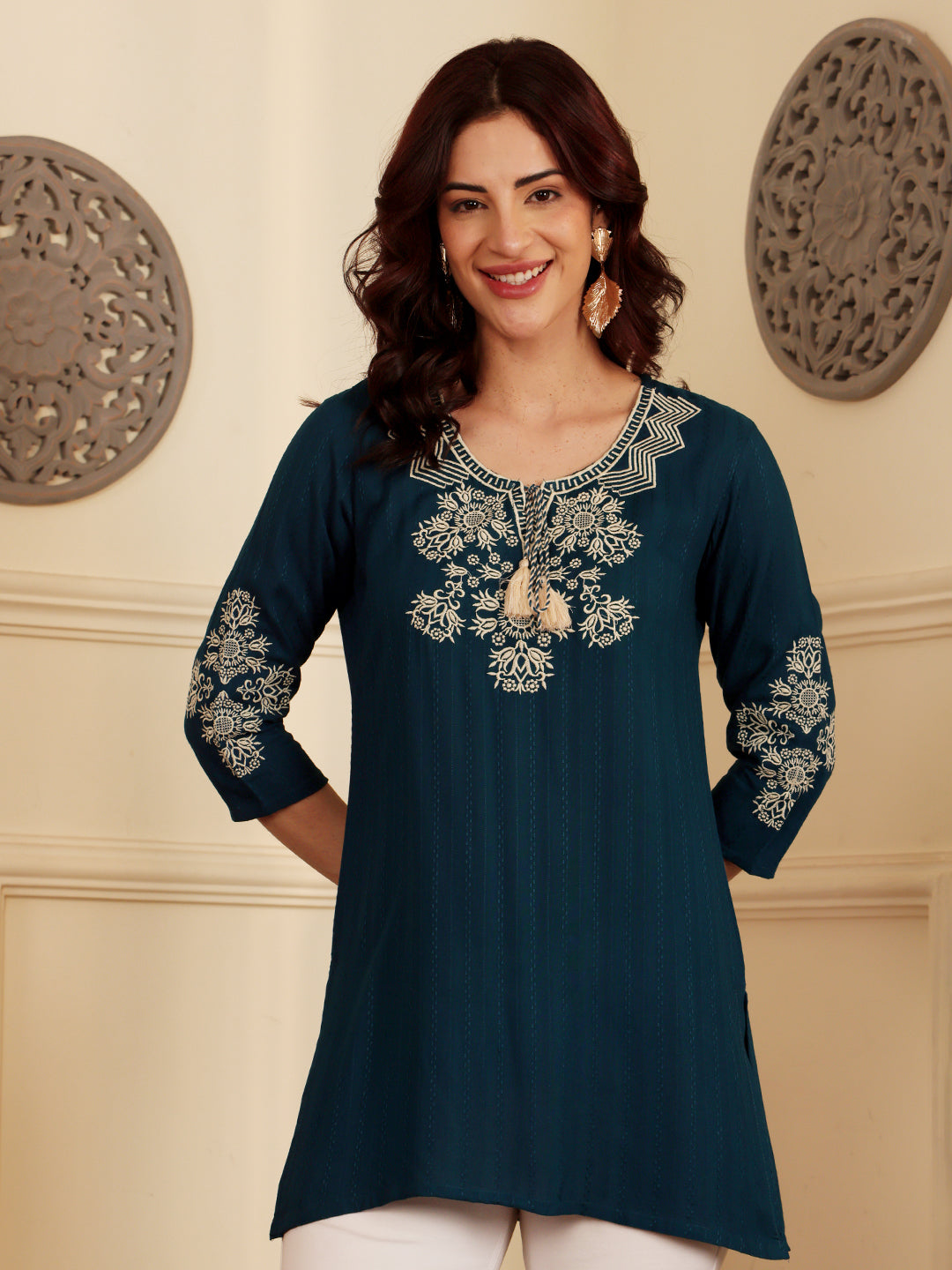 Teal Blue Embroidered Kurti With Intricate Threadwork Detailing