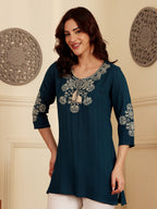 Teal Blue Embroidered Kurti With Intricate Threadwork Detailing