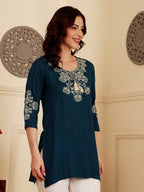 Teal Blue Embroidered Kurti With Intricate Threadwork Detailing